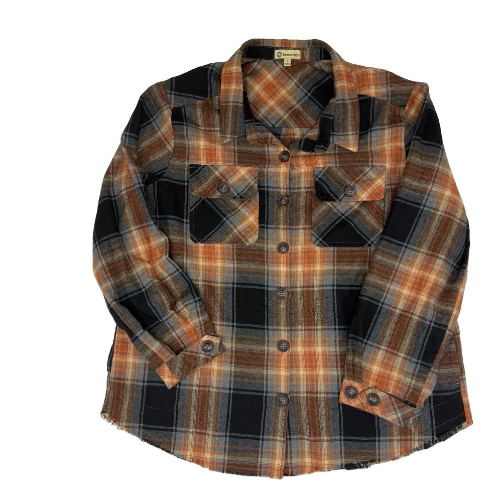 Democracy Flannel Plaid Women's Shirt Sz Large L Raw Hem Orange Black Grunge